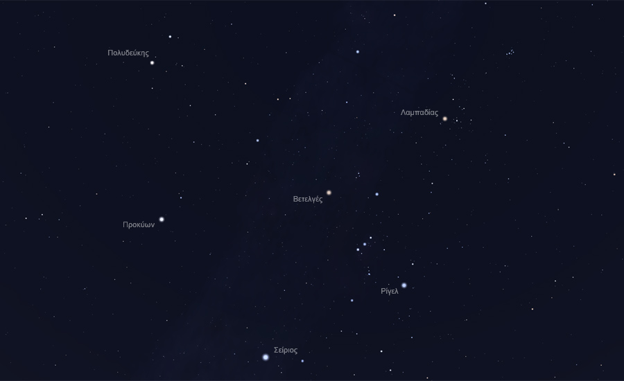 Οι αστερισμοί του Ωρίωνος και του Μικρού Κυνός στον νυχτερινό ουρανό