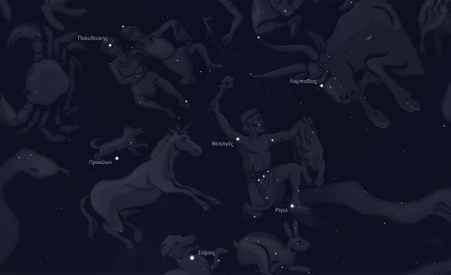 Οι αστερισμοί του Ωρίωνος και του Μικρού Κυνός στον νυχτερινό ουρανό - μορφή