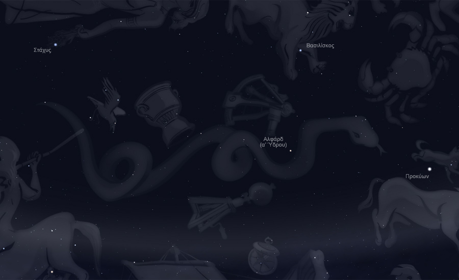 Οι αστερισμοί της Ύδρας, του Κρατήρος, και του Κόρακος στον νυχτερινό ουρανό - μορφή