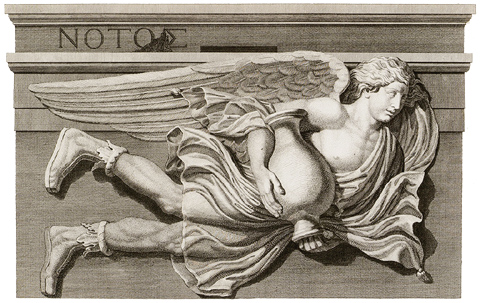 Νότος, ο νότιος άνεμος, εικονογραφία βασισμένη στο παρατηρητήριο των Ανέμων ή Αέρηδων, αρχαία αγορά Αθηνών