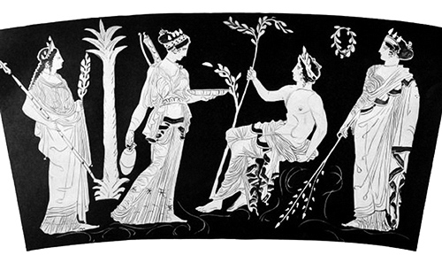 Απόλλων, Άρτεμις, Λητώ, και Δήλος, αγγειογραφία, 4ος αι. π.Χ.