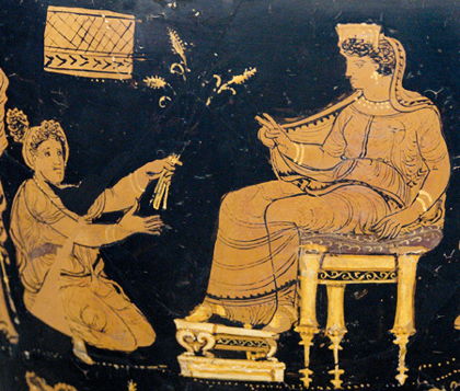 Η θεά Δήμητρα ένθρονη ευλογεί την Μετάνειρα, που προσφέρει σιτάρι, Απουλιανή ερυθρόμορφη υδρία, 340 π.Χ.
