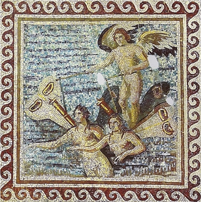 Ο Έρως στέκεται στα φτερά δύο Ψυχών και τις οδηγεί, ψηφιδωτό από την Οικία των Ψυχών, 3ος αι. μ.Χ., Κωνσταντινούπολος