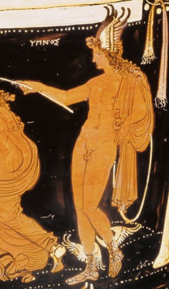 Ο Ύπνος, λεπτομέρεια από σκηνή με την Λήδα και τον Κύκνο, απουλιανή ερυθρόμορφη λουτροφόρος, 350-340 π.Χ.