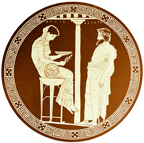 Ο βασιλιάς Αιγέας συμβουλεύεται την Θέμιδα, που κάθεται σε Δελφικό τρίποδα, εικονογραφία-αναπαράσταση από αττικό ερυθρόμορφο αγγείο, 430 π.Χ.