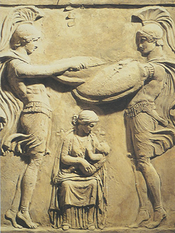 Οι Κουρήτες χορεύουν κάνοντας θόρυβο με τις ασπίδες τους ενώ η Ρέα θηλάζει το βρέφος Δία, ανάγλυφο ελληνιστικής περιόδου, 63-14 π.Χ.