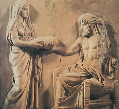 Η Ρέα δίδει στον Κρόνο να καταπιεί μιά πέτρα αντί του βρέφους Διός, σχέδιο από ελληνικό ανάγλυφο κλασικής περιόδου