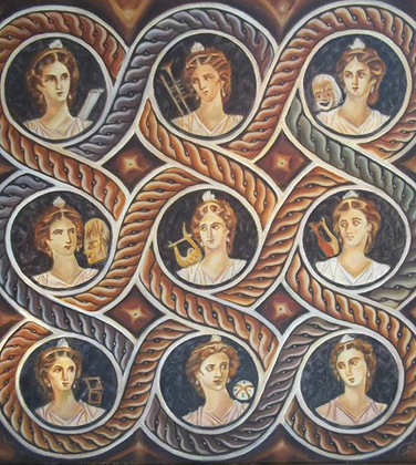 Οι εννέα Μούσες, ανακατασκευή σε πίνακα από την Victoria Papale ενός ψηφιδωτού των Μουσών ελληνιστικής εποχής από την Κώ