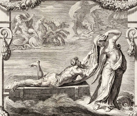 Η Λευκοθέα σώζει τον Οδυσσέα στην θαλασσοταραχή, χαρακτική του Βαρθολομαίου Κριβελλάρι, 1756