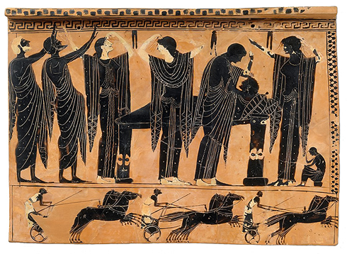 Πρόθεσις, η ταφή του νεκρού, και στο κάτω μέρος αρματοδρομία, Αττική νεκρική πήλινη πλακέτα, 520-51ο π.Χ.