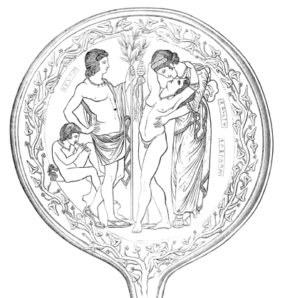 Η Σεμέλη με τον υιό της, Διόνυσο, τον Απόλλωνα, και έναν Σάτυρο, ετρουσκικός καθρέπτης, εικονογραφία από το Verldshistoria του Ernst Wallis, 1875