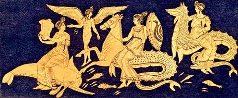 Η Νηρηίδα Θέτις και οι αδερφές της φέρουν τα όπλα του Αχιλλέως, αγγειογραφία κλασικής περιόδου