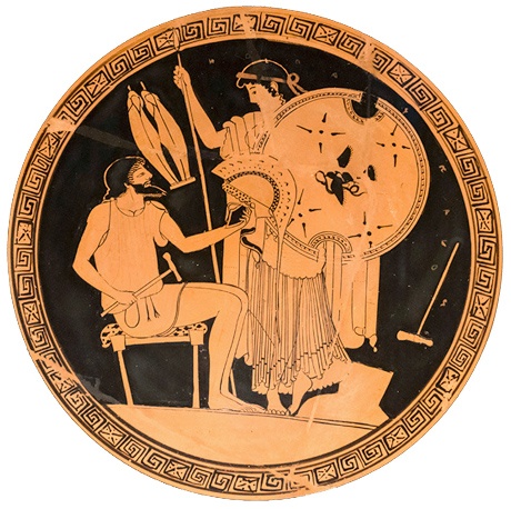 Η Θέτις λαμβάνει τα όπλα του Αχιλλέως από τον Ήφαιστο, αττικός ερυθρόμορφος κύλιξ, 490-480 π.Χ., Ετρουρία