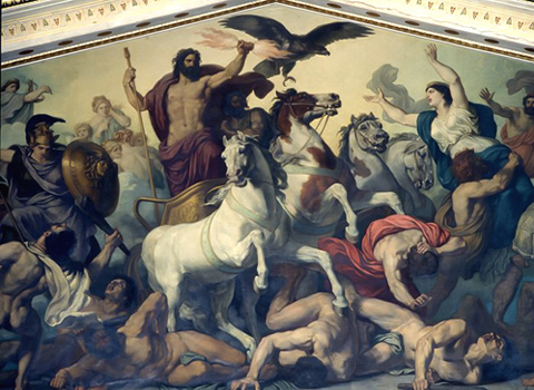 Ο Ζεύς μάχεται τους Τιτάνες, σκηνή από την Τιτανομαχία, τοιχογραφία από την Ακαδημία των Αθηνών