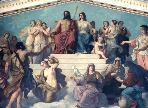 Ο Ζεύς δέχεται τον Ηρακλή στον Όλυμπο, τοιχογραφία από την Ακαδημία των Αθηνών