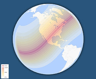 σφαιρικός γεωγραφικός χάρτης ορατότητας γιά την ηλιακή έκλειψη του Απριλίου 2024