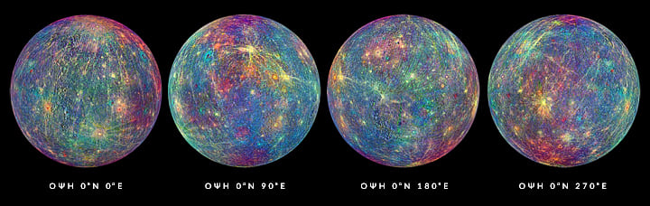 Σύνθετες προβολές της επιφάνειας του πλανήτη Ερμή από την διαστημική αποστολή Messenger, με τεχνητό χρωματισμό για τις κοιλάδες και τα υψίπεδα