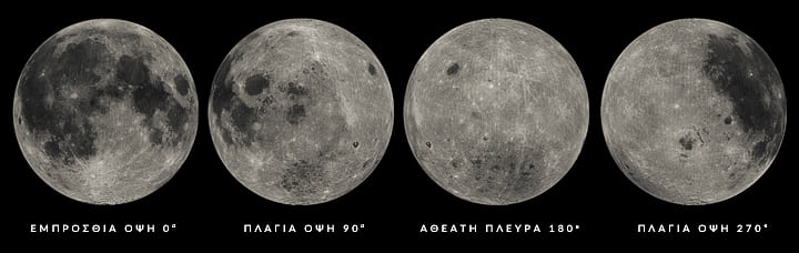 Η Σελήνη, 4 εικόνες-προβολή για όλες τις πλευρές της (θεατή και αθέατη), από την διαστημική αποστολή Κλημεντίνη Moon Four orthographic views Clementine