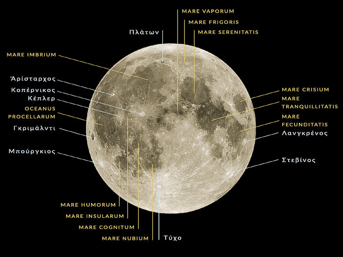 Χαρτογραφία της ορατής πλευράς της Σελήνης με τις θάλασσες και τους κυριότερους κρατῆρες - Moon Selenography Craters and Seas of the visible side.