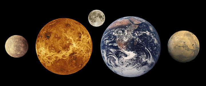 Σύγκριση μεγεθών πλανητών: Ερμής, Αφροδίτη, Γη και Σελήνη, Άρης
