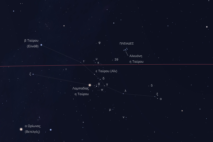 Οι αστέρες του αστερισμού του Ταύρου στο νυχτερινό ουρανό, χάρτης - The stars of Taurus constellation in the night sky, map
