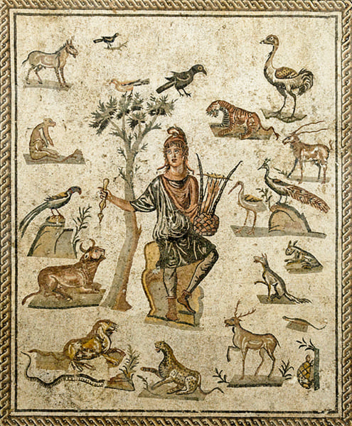 Ο Ορφέας με την λύρα του ηρεμεί τα άγρια ζώα, ρωμαϊκό μωσαικό, 200-250 μ.Χ., Παλέρμο