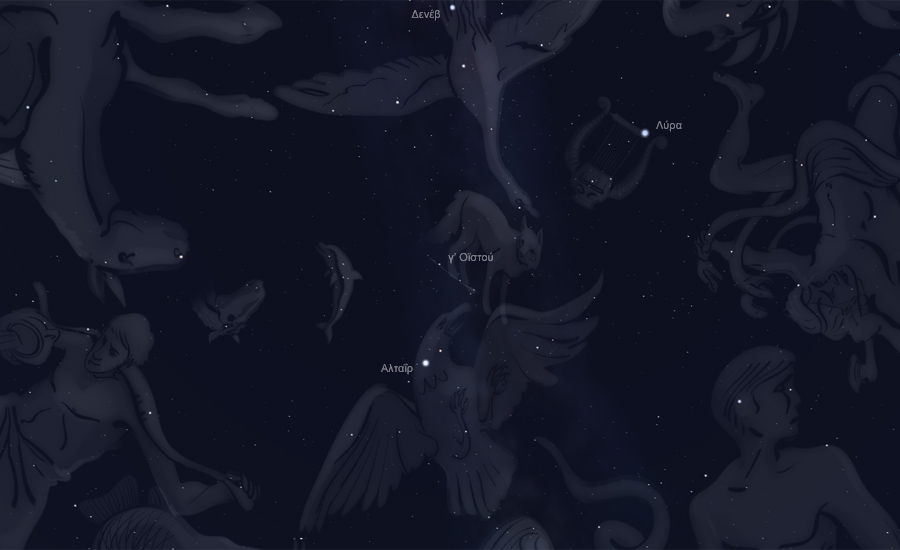 Οι αστερισμοί του Οϊστου (Βέλους), του Αετού, και του Δελφίνου στον νυχτερινό ουρανό - μορφή