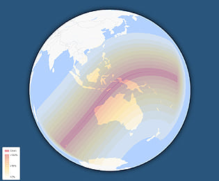 σφαιρικός γεωγραφικός χάρτης ορατότητας γιά την ηλιακή έκλειψη του Απριλίου 2023
