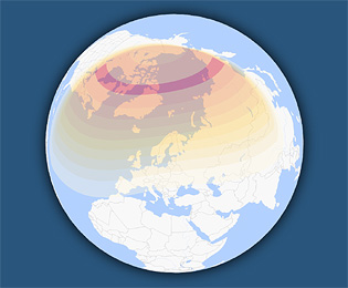 σφαιρικός γεωγραφικός χάρτης ορατότητας γιά την ηλιακή έκλείψη του Ιουνίου 2021