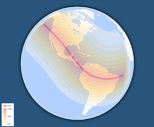 σφαιρικός γεωγραφικός χάρτης ορατότητας γιά την ηλιακή έκλείψη του Οκτωβρίου 2023
