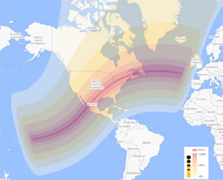 γεωγραφικός χάρτης ορατότητας γιά την ηλιακή έκλειψη του Απριλίου 2024