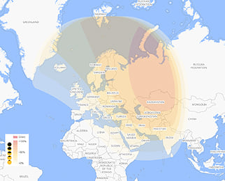 γεωγραφικός χάρτης ορατότητας γιά την ηλιακή έκλειψη του Οκτωβρίου 2022