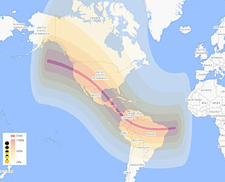 γεωγραφικός χάρτης ορατότητας γιά την ηλιακή έκλειψη του Οκτωβρίου 2023