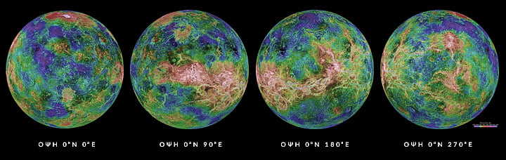 Χαρτογράφηση με ραδιοανιχνευτές της επιφάνειας του πλανήτη Αφροδίτη από την διαστημική αποστολή Μαγγελάνος, με τεχνητό χρωματισμό για τις κοιλάδες και τα υψίπεδα