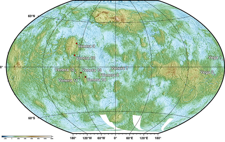 Πλανήτης Αφροδίτη, τοπογραφικός χάρτης με τις τοποθεσίες όπου προσγειώθηκαν οι σοβιετικές αποστολές Βενιέρα Venus Venera Landers Location Topographic