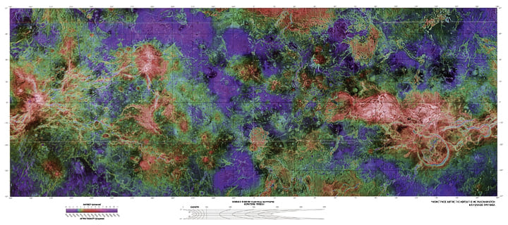 Xάρτης επιφάνειας του πλανήτη Αφροδίτη, τοπογραφικός, κλίμακα 1:50.000.000 με ραδιοχαρτογράφηση από την αποστολή Μαγγελάνος 1997
