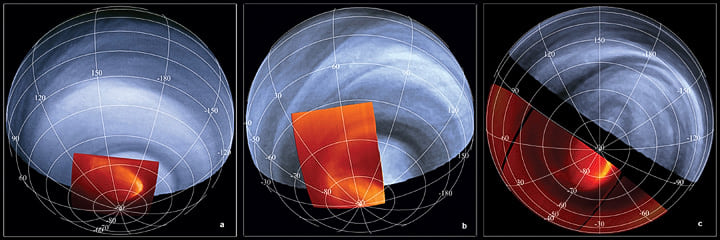Το νότιο ημισφαίριο της Αφροδίτης, σύνθεση υπέρυθρων εικόνων με επικάλυψη από υπεριώδεις, με μια μεγάλη πολική δίνη, διαμέτρου περίπου 2.000 χλμ. και αριστερόστροφη περιστροφή. Οι φωτεινές περιοχές υποδηλώνουν υψηλότερες θερμοκρασίες.